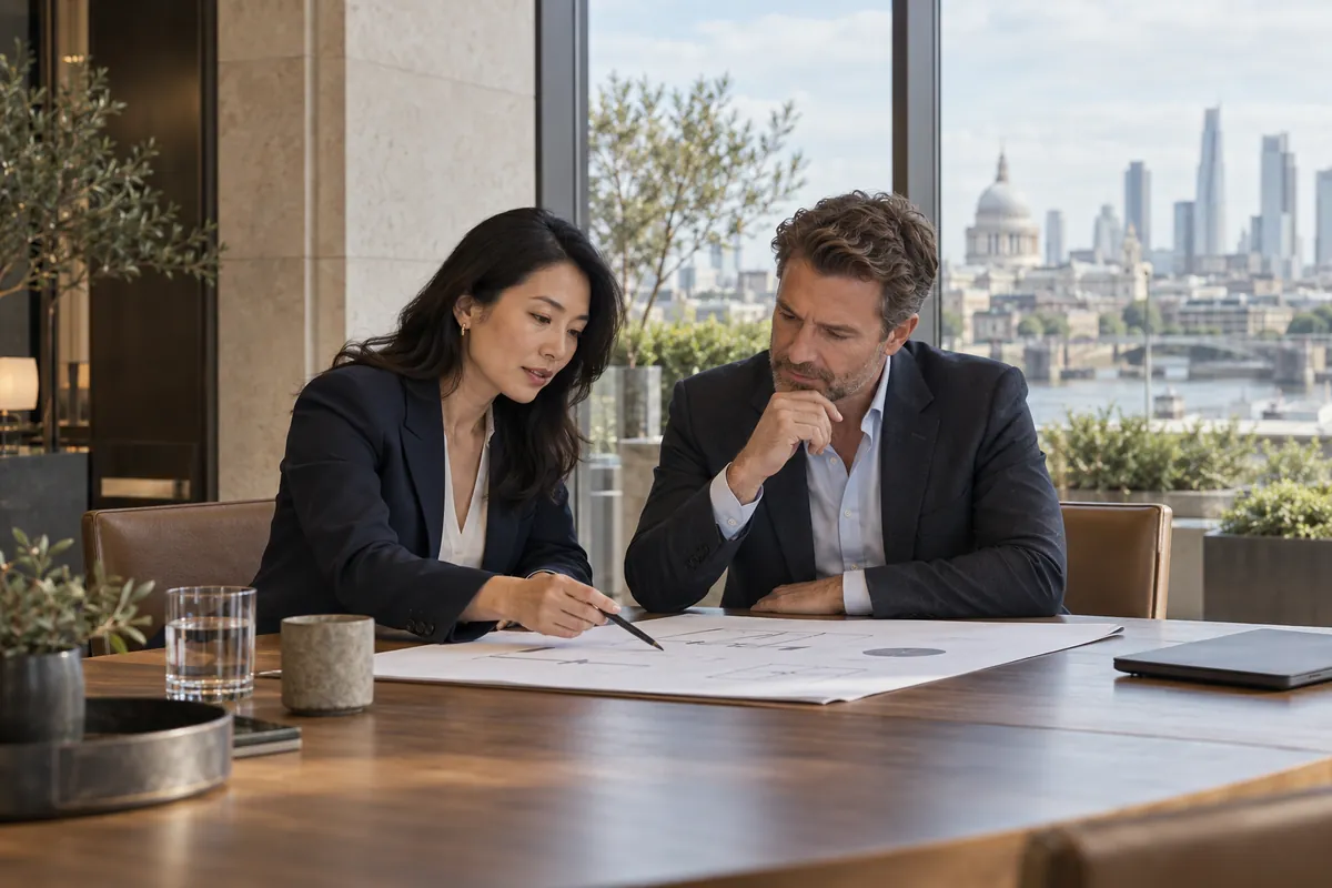Two professionals considering a report together.