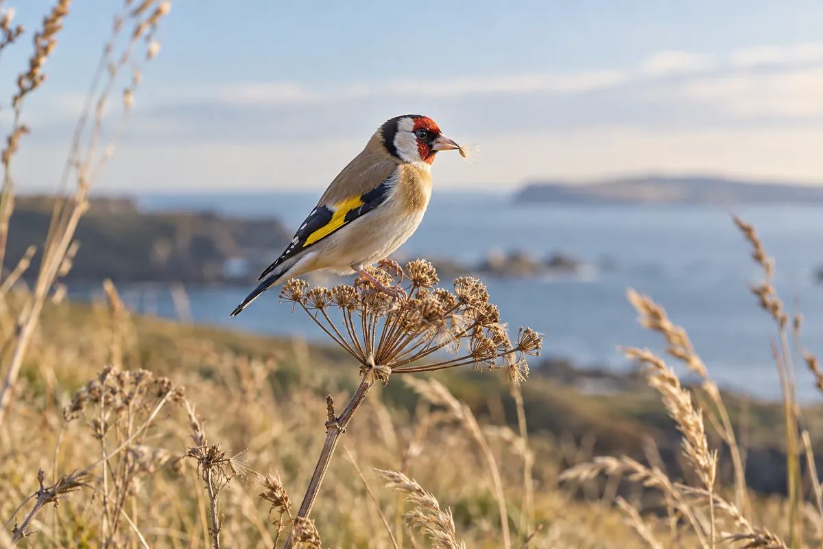 A goldfinch holding a seed among coastal grasses.