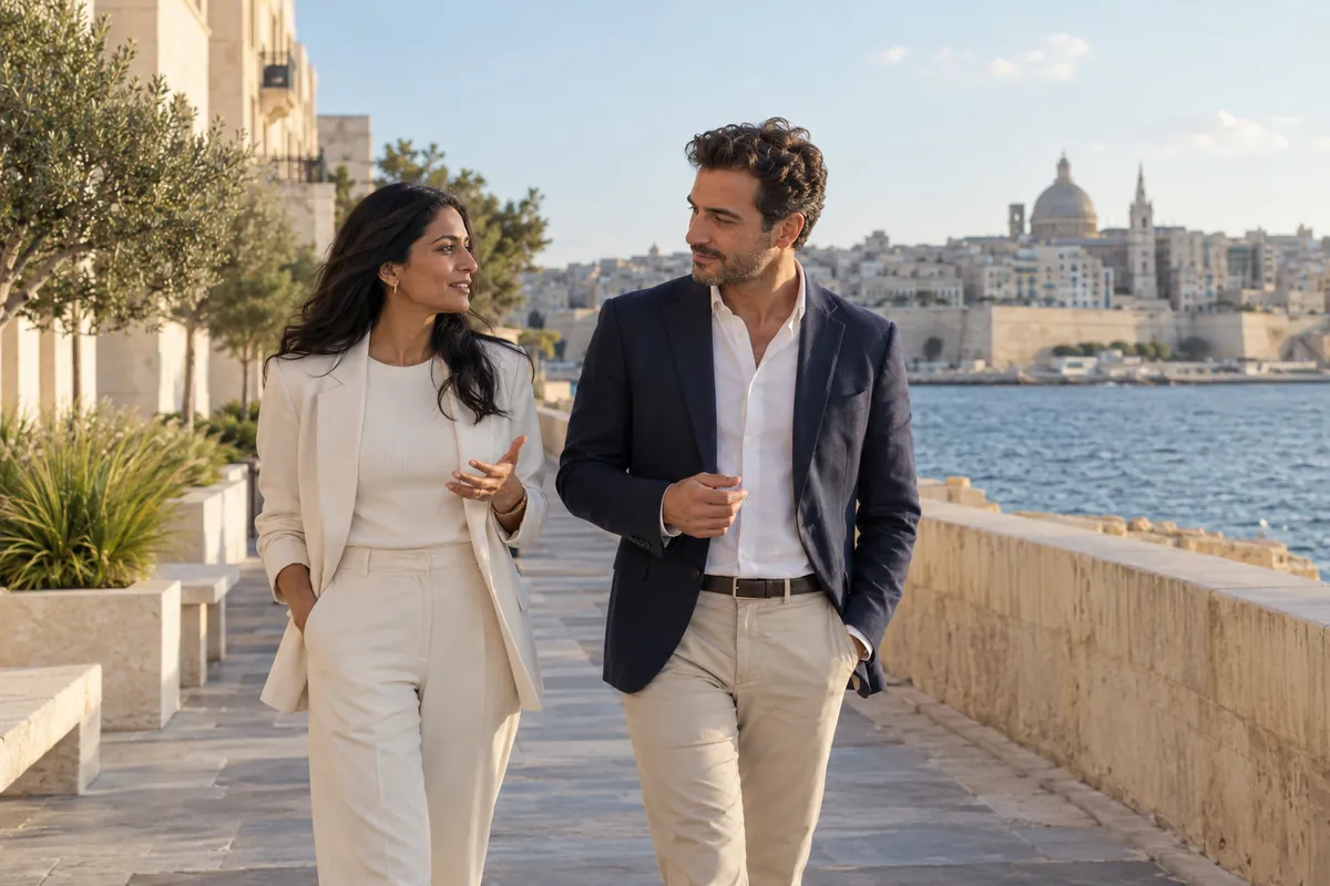 Two people in conversation beside a coastal city.