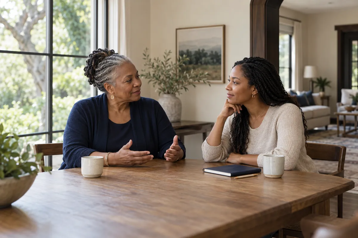Two generations sharing a quiet conversation at a table.